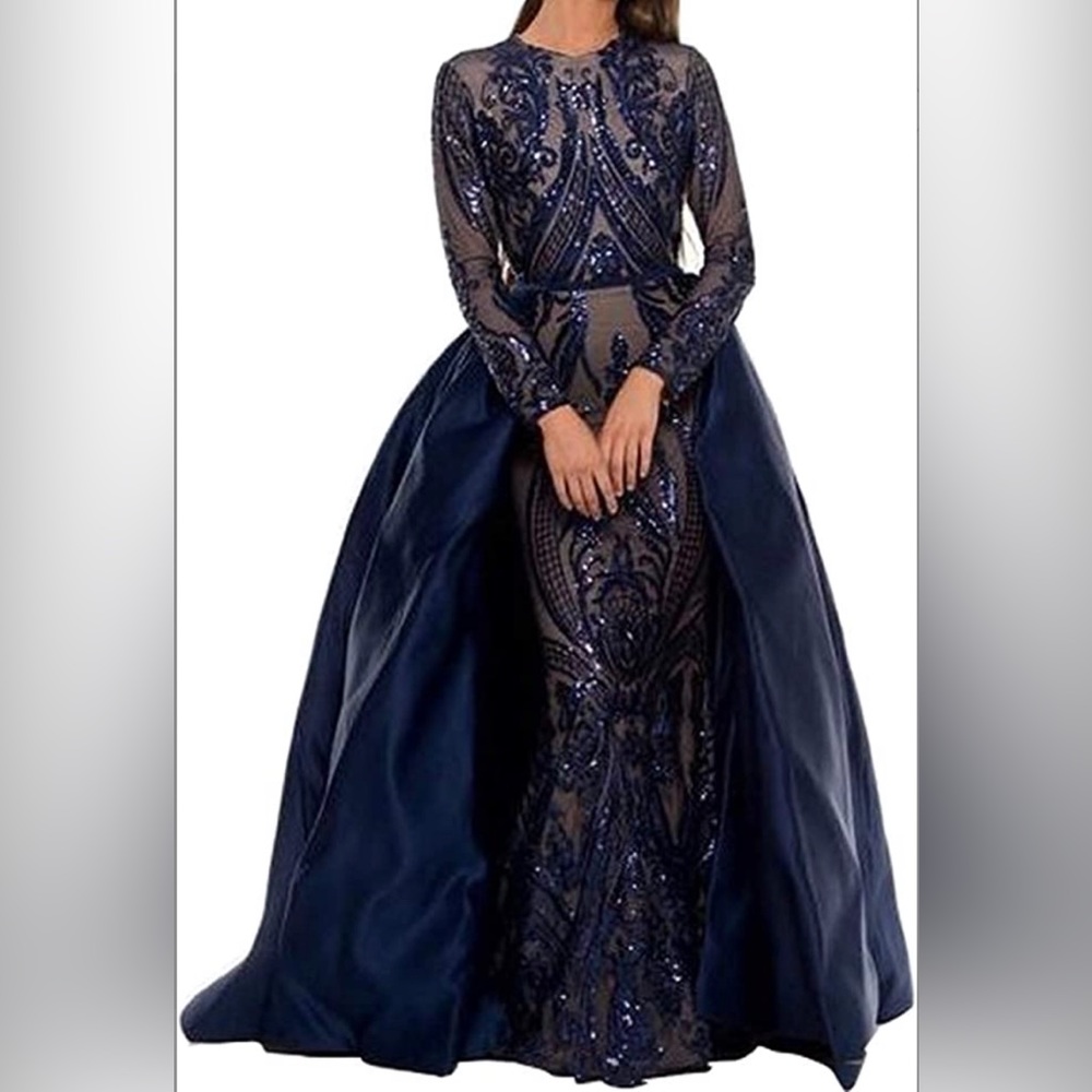 Blue sequin gown with detachable train